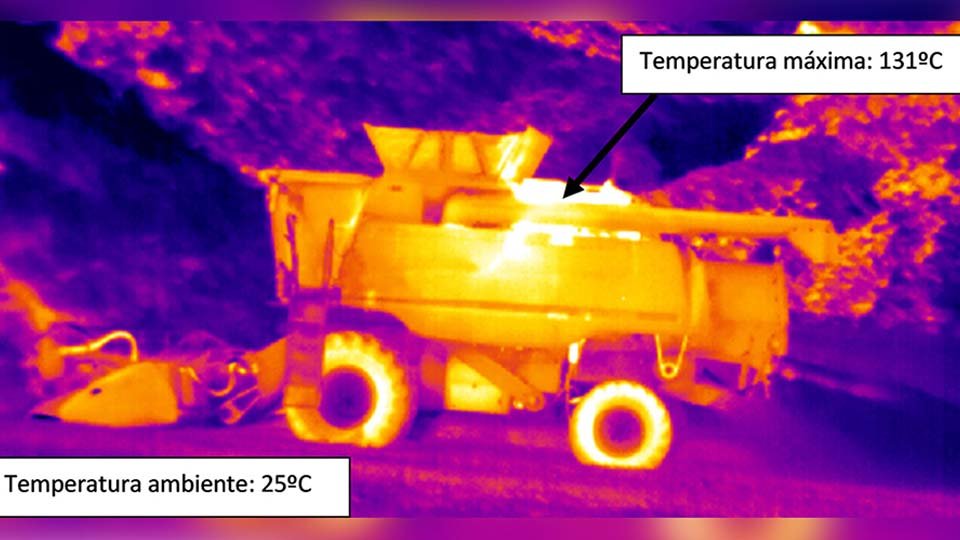 Imagen térmica de la temperatura alcanzada en el interior de una cosechadora en el momento de arrancar para trabajar (Imagen unavarra.es).