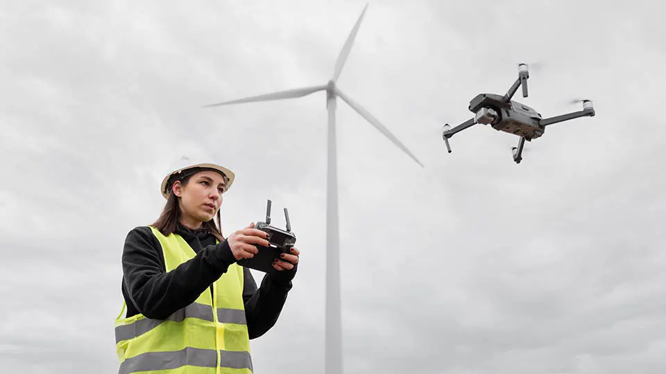 una joven maneja un dron