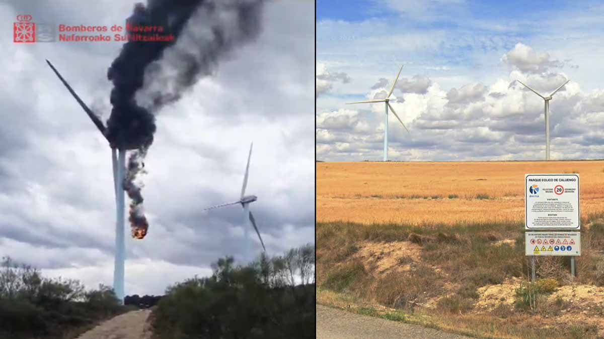 Incendio en un aerogenerador del Parque Eólico Caluengo en Peralta Navarra