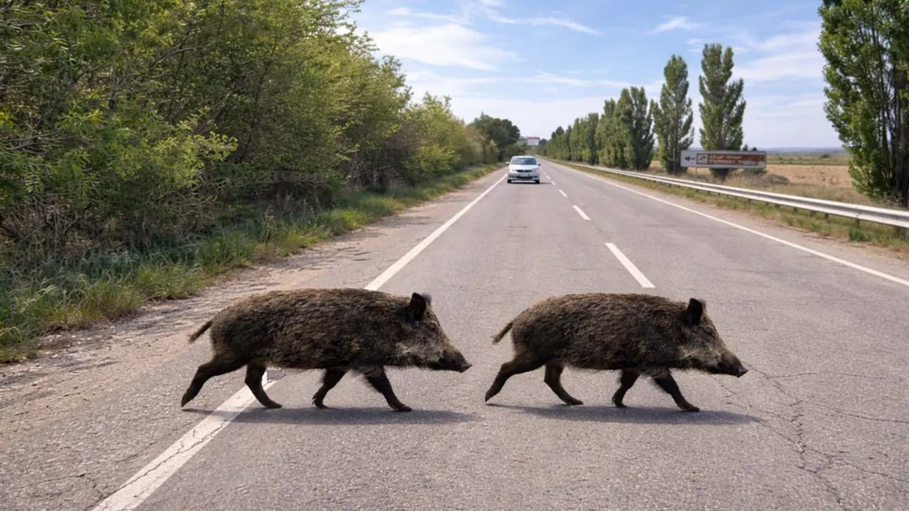 Dos jabal&iacute;es cruzando la Recta de Raguedas. Foto Tudelahoy