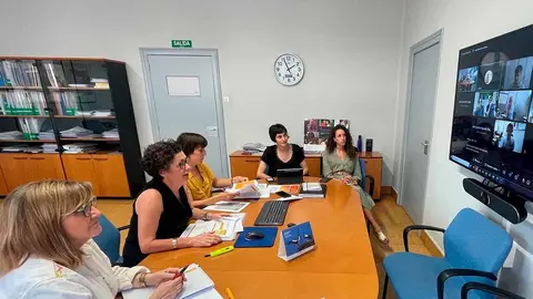 De izqda. a dcha., Sagrario Laborda, Marian Nuin, Estrella Miqueleiz, Nerea Álvarez e Irene Iniesta, en el Instituto de Salud Pública y Laboral de Navarra durante la reunión de coordinación