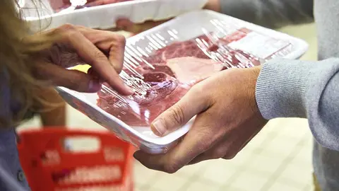 Bandeja de carne. Foto de archivo