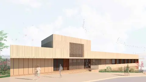 La entrada principal edificio del nuevo centro de salud de Cascante (proyección - fachada sur)
