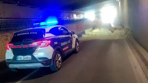 un camión pierde parte de su cargamento de paja en el túnel bajo la estación del ferrocarril en cortes