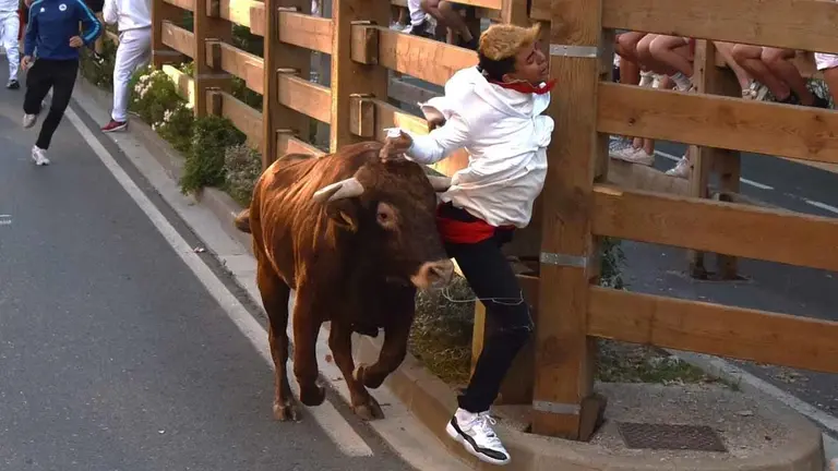 Secuencia de la cogida a un joven tudelano en el primer encierro de las Fiestas de Santa Ana 2024 (2)