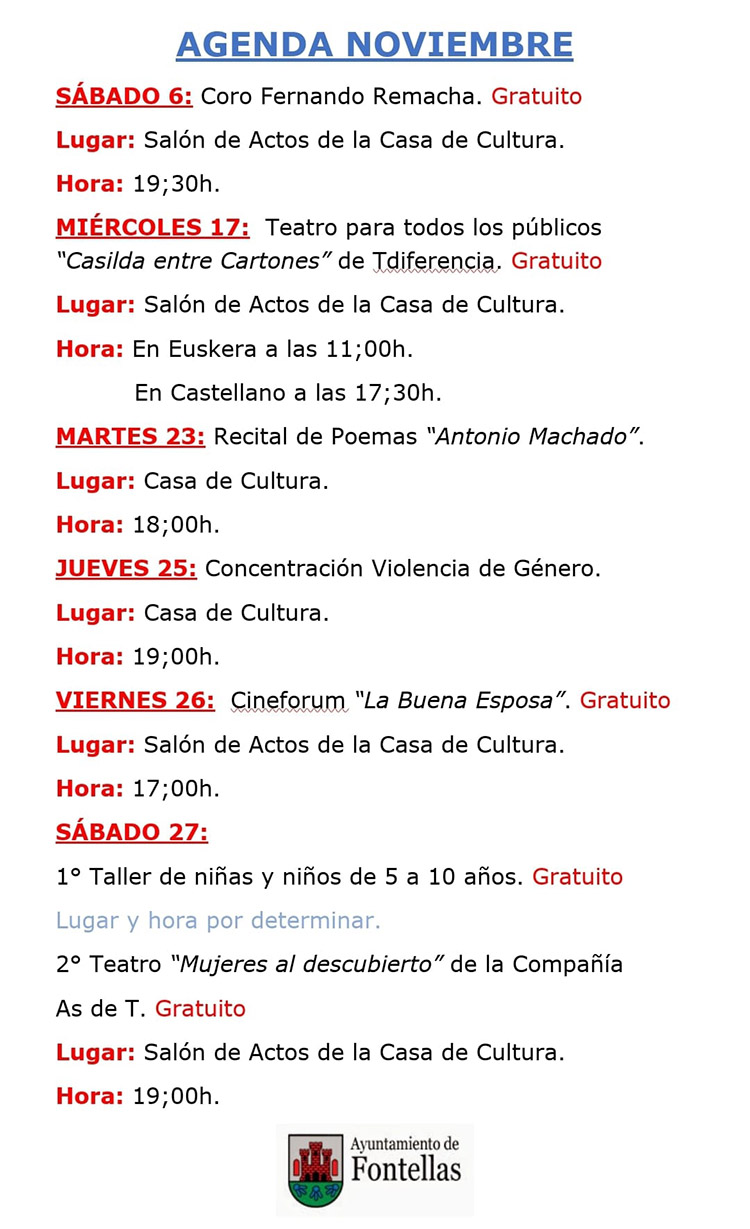 Agenda Fontellas mes de Noviembre 2021