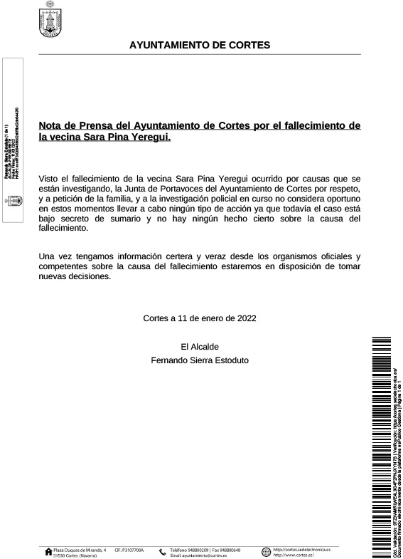 Nota de prensa del Ayuntamiento de Cortes por el fallecimiento de Sara Pina Yeregui