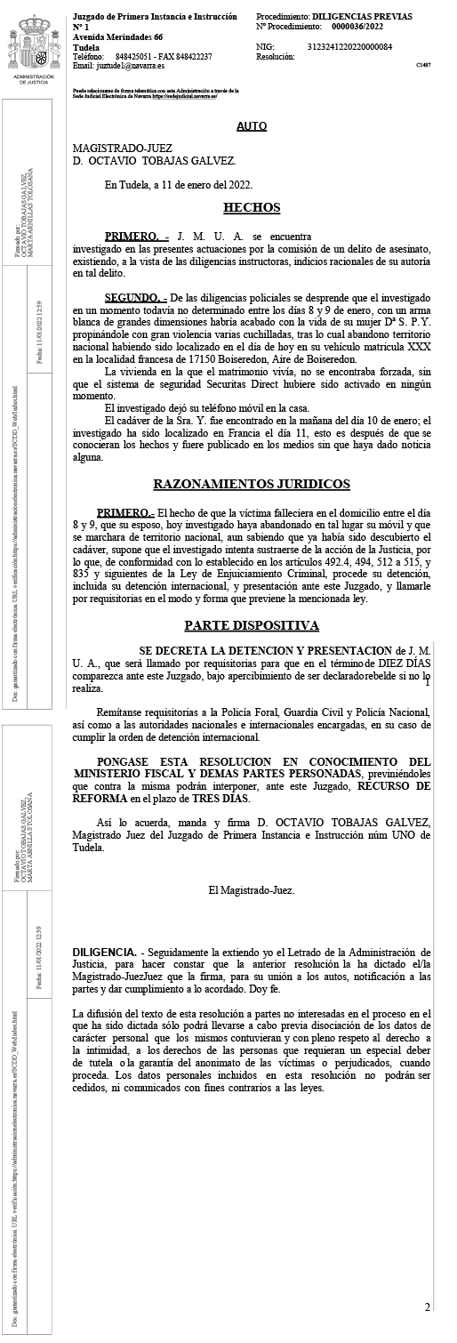 Auto diligencias previas detención JMUA
