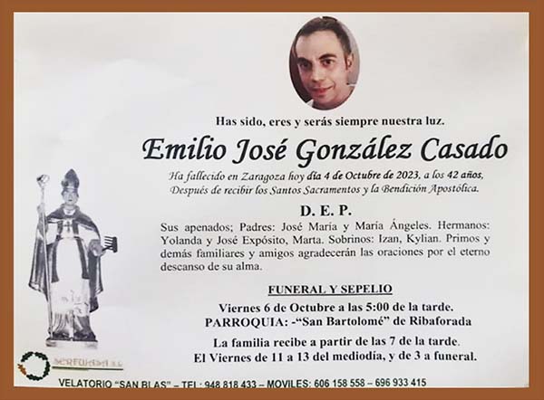 Esquela Emilio José González de Ribaforada