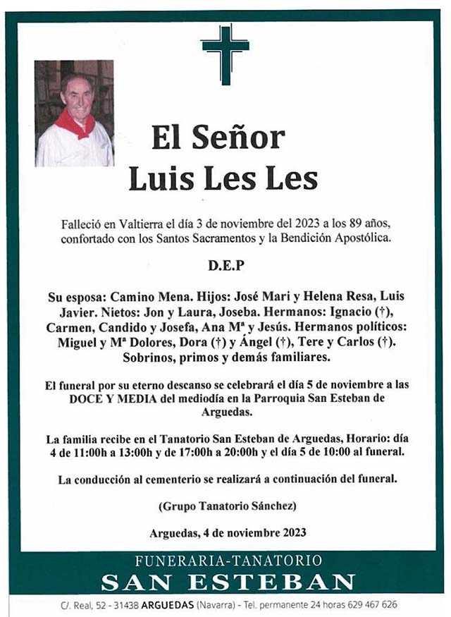 Esquela del fallecimeinto del jotero arguedano Luis Les Les
