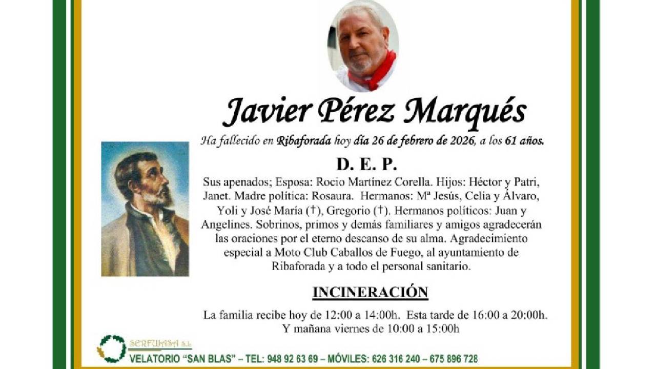Esquela del fallecimiento de Javier Pérez 'Zaporka', concejal de festejos de Ribaforada